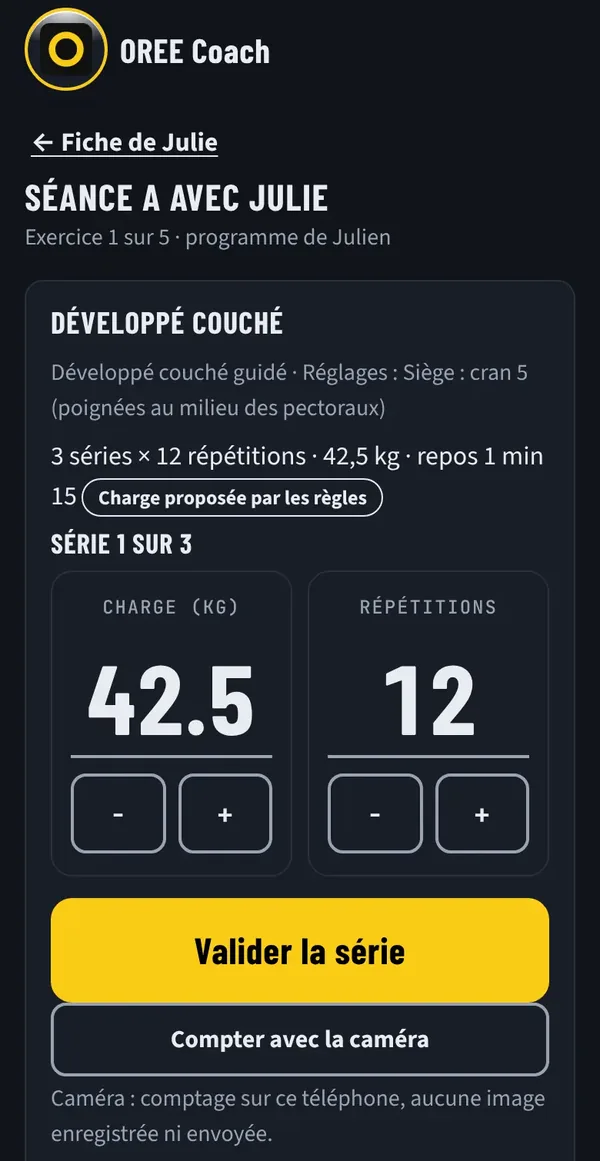 Séance accompagnée&nbsp;: développé couché, 42,5 kg × 12