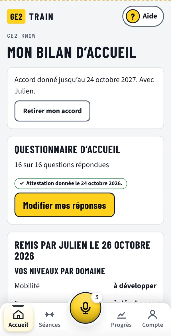Mon bilan d'accueil : remis par Julien, niveaux par domaine