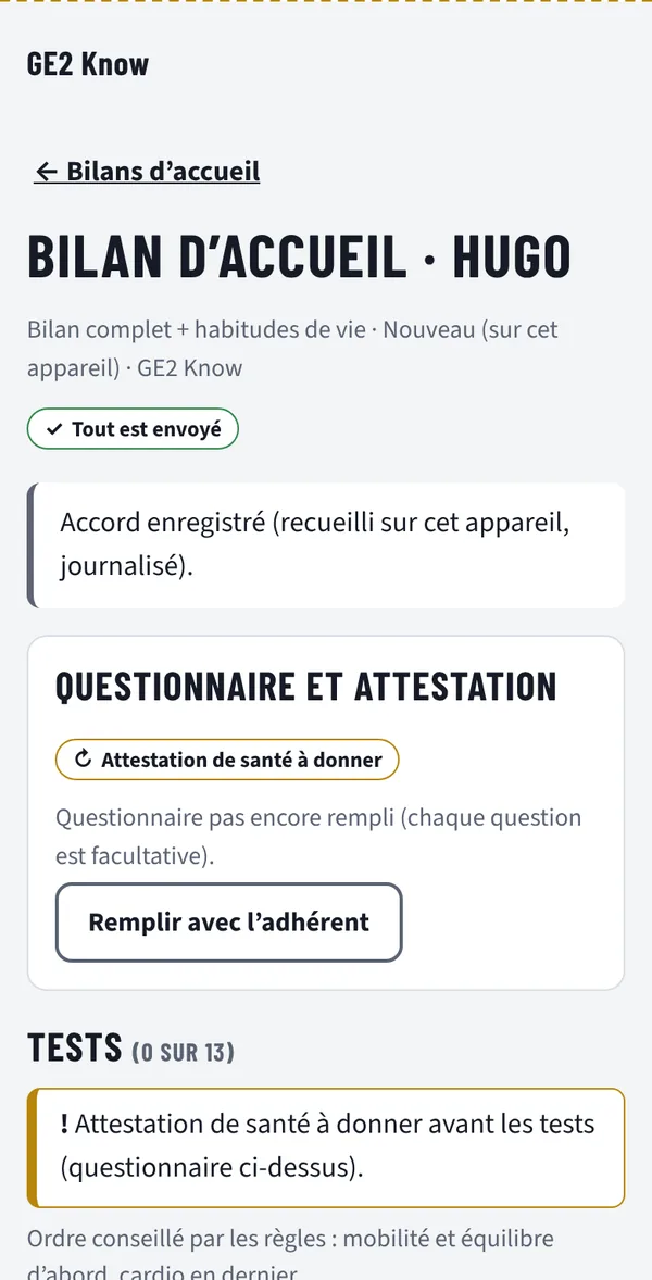 Bilan d'accueil de Hugo : questionnaire et tests