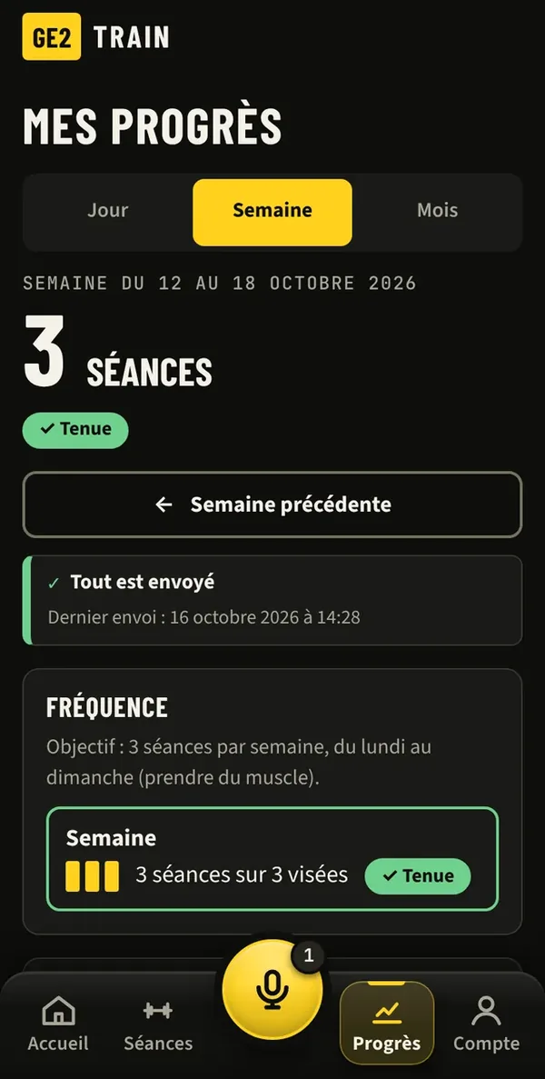 Mes progrès&nbsp;: 3 séances cette semaine, objectif tenu